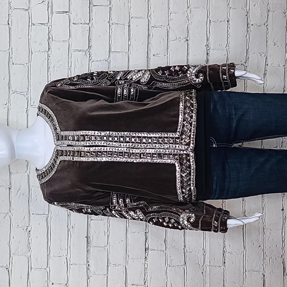 Velvet by Graham & Spencer Velvet Rhinestone Embellished Peggie Jacket in Brown